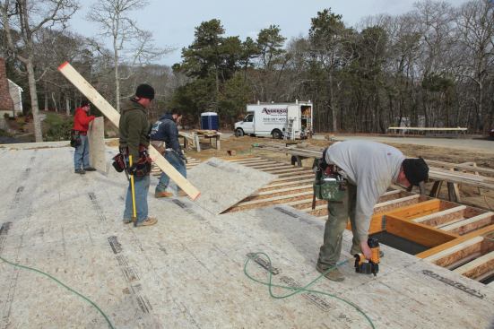 In the morning, we returned to install the subfloor across the deck. To save time, we deck right across the stair openings.