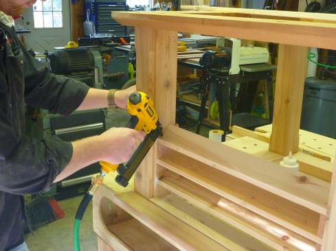 Louver stock is ripped with a 35° angle along one edge. To install the louvers, spacer blocks nail to the jambs first, and then the louver stock nails in on top of the blocks.