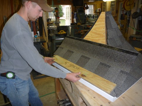 The architectural-style shingles on the cupola match the house below. A 4-inch exposure looked better on the small roof, so the author used plywood spacer to set the shingle courses.