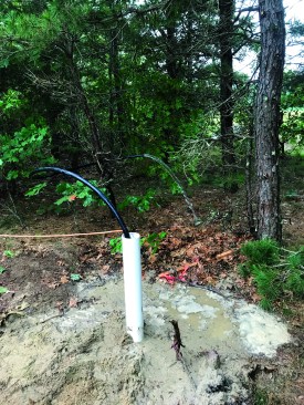 The well driller tested the flow from the pump in the PVC well casing.