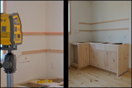 Eight 12-inch lengths of 1/2-inch square steel rod were used to support the shelving (four per shelf). To align the steel shelf supports, laser lines were shot to locate the bottoms of both shelves. All studs were accurately located, edge-to-edge to ensure drilling into their centers, then straight rips of plywood were screwed along the horizontal laser lines (photos, left and right).