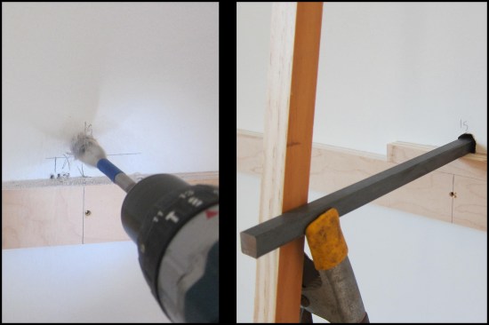 Oversized 3/4-inch by 3-inch-deep holes were drilled to allow room for epoxy adhesive around the 1/2-inch square dowels. The hole centers were 7/8 inch above the shelf bottom lines (photo, left). Here (photo, right), the steel rod is dry-fit in place resting on a 5/8-inch spacer block (to raise the rod up to its actual height) at the wall and clamped to a temporary vertical support stick.