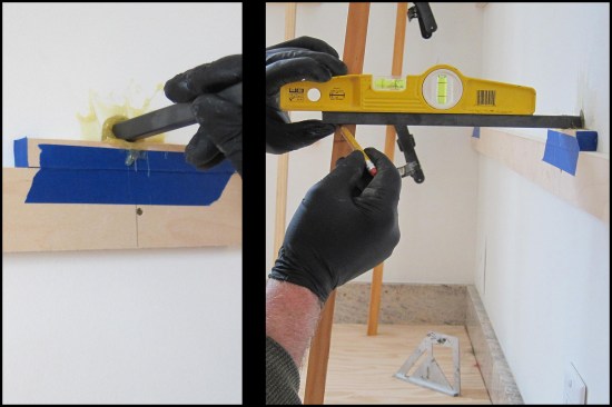 The steel rods were inserted into the epoxy (photo, left), then spring-clamped to the support sticks and re-checked for level (photo, right).