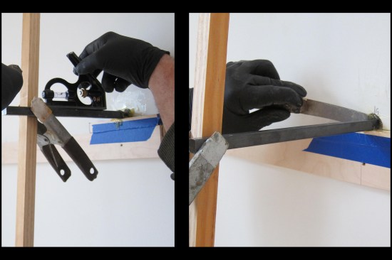 As the epoxy set up, the steel rods were repeatedly checked for level (photo, left) and square (side to side perpendicular to the drywall). The epoxy squeeze-out was carefully cleaned away with a narrow putty knife while it was still liquid so it wouldn’t interfere with shelf installation later, when it had hardened (photo, right). The author notes the West System Six10 epoxy adhesive used does not slump and has a generous working time of 45 minutes or so.