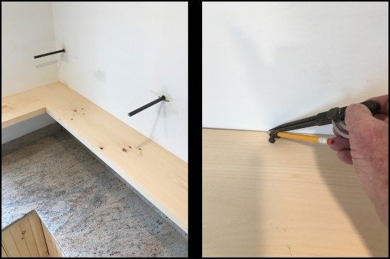 Before the pre-built 3- and 6-foot “sandwiched” sections were permanently joined into the L-shaped shelf, the individual shelf lengths were placed on the dowels and scribed true to their respective walls (photo, left). First, they were squared to each other at the corner joint (making sure the L-shape was 90-degrees), then scribed to a few bulges in the drywall where the wall studs weren’t perfectly straight (photo, right).