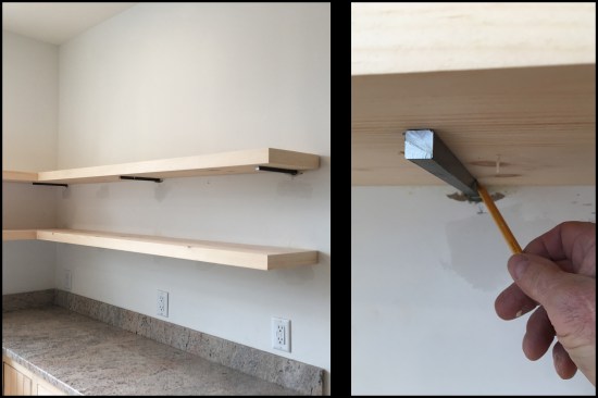 Also, before the shelves were glued up, the dowel locations were marked on the shelves in order to properly locate additional spacers during final installation of the shelves (photos, left and right).