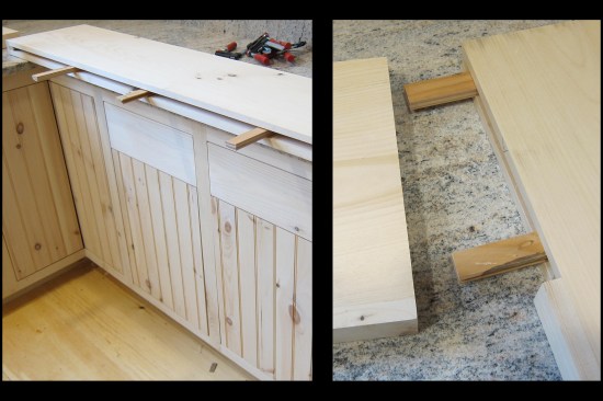 Intermediate spacers were installed in the 8/4 shelving “sandwich” well to the right of each dowel location, allowing the shelving to be slid leftward into place over the dowels (photo, left). A pair of spacers splined the butted shelf joints together (photo, right).