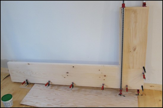 With remaining spacers in place, the shelf assembly was glued (with yellow glue) and clamped together.