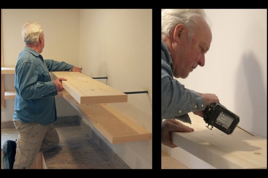 Once the glue had dried, the shelf’s 6-foot leg was easily slipped over the three dowels on the long wall and then the L-shaped unit was slid leftward over the dowel on the short wall (photo, left). The shelves were pinned in place to the walls using just two trim-head screws per unit, toed in at the back edge and capped with wood dough (photo, right).