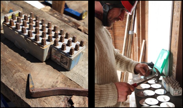 Using a letter and number stamp set by C.H. Hanson Co (photo, left), 2-inch diameter tin cap discs are hand-embossed with the steel stamps to organize major components of the home prior to dismantling it (photo, right).