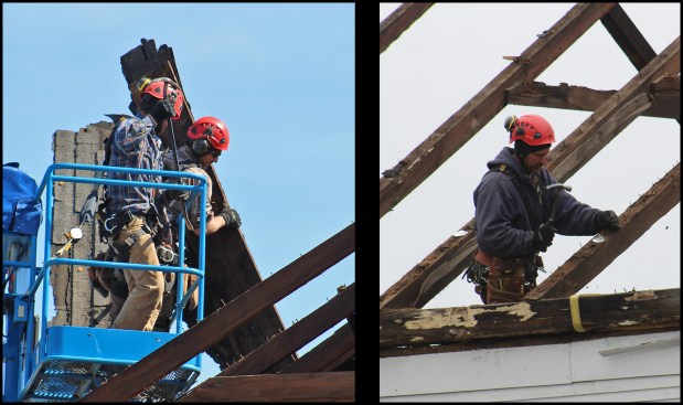 The home’s roof sheathing and shingles are removed in small sections from the lift (photo, left), then each rafter is tagged with its enumerated tin disc (photo, right).