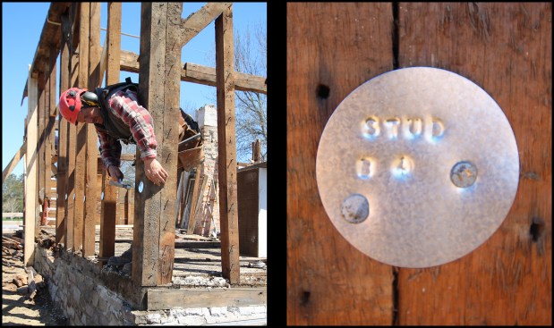 With the west wall’s wide board sheathing removed, the home’s 4x4 studs and 4x8 posts were tagged (photo, left) and later removed. Here (photo, right), the tag denotes “stud B-4”, which serves as a king stud for the door opening on the home’s west wall — see documentation drawing on slide 10. 