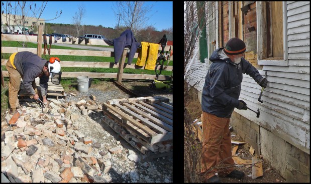 Volunteers played a major role leading up to dismantling the home for future restoration; they removed interior plaster and lath, debris, and demoed an attached garage built in the 1950s, which had no historic value. Here (photo, left), volunteer Alex Fenton cleans up and stacks salvaged bricks on pallets, while Jeff Towne removes clapboard siding (photo, right). The existing clapboard was not original and was most likely installed during the home’s last major renovation in the 1930s; it was not salvaged.