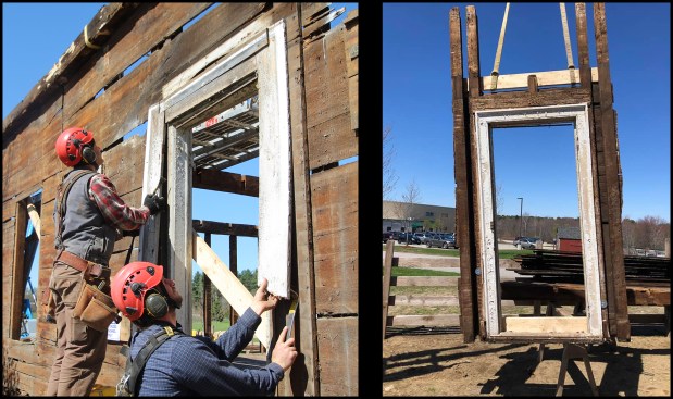 A few of the home’s larger components were saved as assemblies. Here, the author (left) and Dan Lee (right) begin to remove the home’s front door (photo, left). They determined it was original to the home and chose to remove the door and framing in one piece (photo, right).
