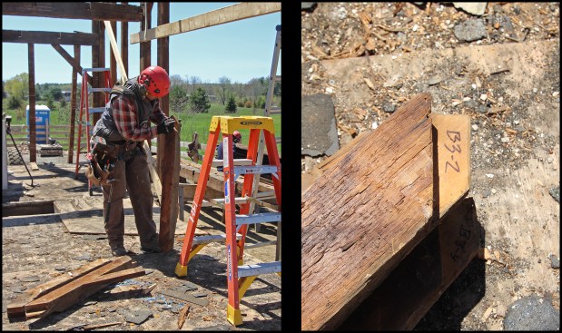 Smaller framing members, such as diagonal bracing (photo, left), are either tagged or marked with a permanent marker, as shown here (photo, right).