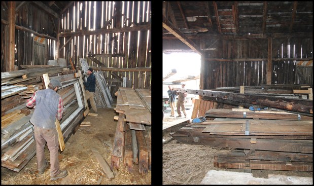 Salvaged material from the home was stored in a barn located near the new reconstruction site (closer to the town center, away from busy industrial road the home’s original lot was situated on). Here (photo, left), the home’s front door assembly is set in the barn, while larger timbers are stored with the help of a beam roller (photo, right). To thwart future carpenter ant and powder post beetle infestations (they encountered both insects taking the building down), the components were sprayed with Bora-Care (an insecticide and fungicide solution) and granular borate bait by Niban was distributed on the barn’s floor.