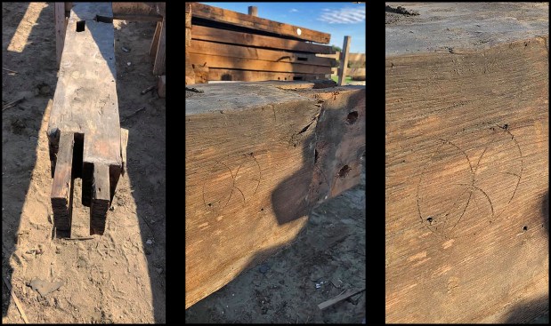 A complex double-tenon cut on the top-plate beams was made to tie into the L-shaped corner posts — a 4x4 joined to a 4x8 (photo, left). A “daisy wheel” pattern was etched into one of top-plate beams (photos, middle and right). Proportionally, gable ends of early buildings would often fit into this pattern. Also, builders would draw this onto the timber to calibrate their dividers to it on a daily basis. For more information on daisy wheel patterns, click here.