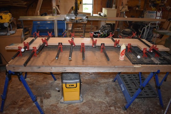 The author was able to glue up the entire top step in one shot.