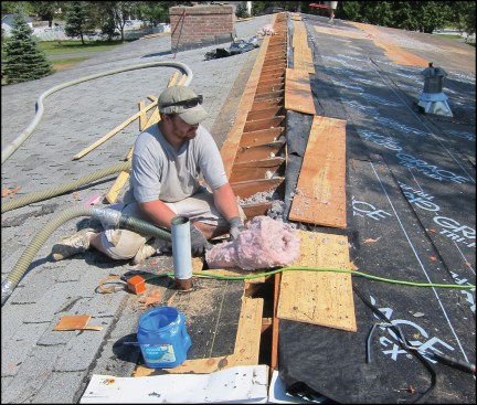 Where access from below is impractical, cellulose can be dense-packed into existing rafter bays from the roof ridge.