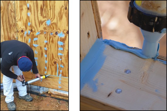 The painters apply Joint Filler 2200 to sheathing cracks and nail holes (above left), as well as to window rough-opening corners (above right).