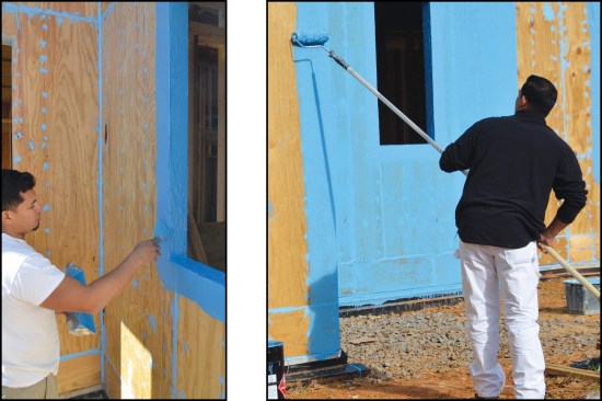 The painters apply Blue Barrier Flash âN Wrap 2400 to a window rough opening (above left), then roll Liquid Wrap 2300 onto the field of the wall (above right).