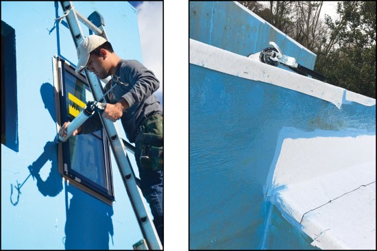 Joint Filler 2200 was used to seal the window flanges (above left). At the wall top, the overhanging peel-and-stick underlayment is sealed to the wall with Joint Filler 2200 and Liquid Wrap 2300 (above right).