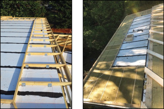 Outriggers are secured to the roof deck with structural clips (above left), and the roof deck is insulated with Rockwool Toprock DD (above right).
