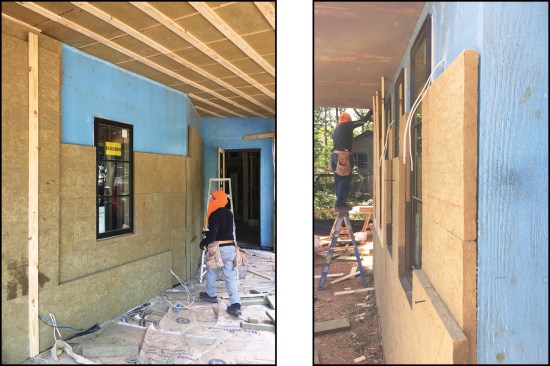 The walls are insulated with Rockwool Comfortboard 110, with joints staggered (above left and right). Later, the insulation is secured to the wall with battens and long screws.