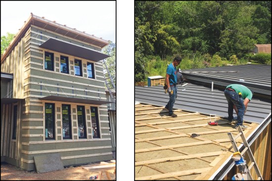 The shell has a continuous blanket of Rockwool. Strapping holds the insulation in place and provides nailing for the siding (above left).
The roofers install standing-seam metal roofing over the Rockwool Toprock DD roof insulation.