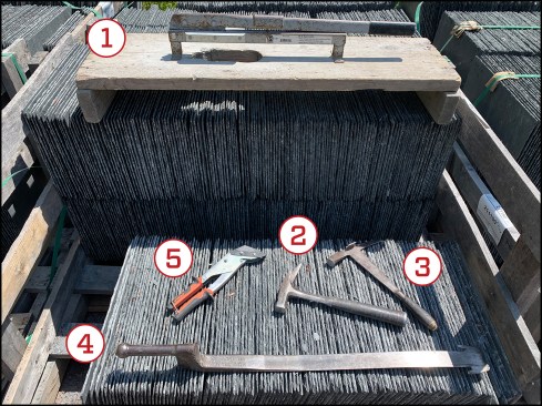 Slate tools include standard mounted slate cutter (1); restoration slate hammer (2); traditional slate hammer (3); slate ripper (4); and hand-held slate cutters (5).