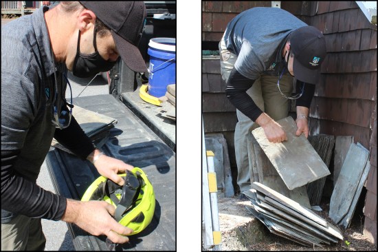 ANSI-rated Jorestech rock-climbing-style helmets are worn at all times (left). The author “sounds” a slate to make sure it’s intact (right); he rejects 10% to 15% of the salvaged slate he buys.