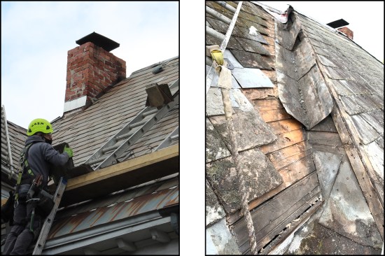 The roof’s existing terne metal flashings had done their time and need to be replaced (right). Rusted galvanized-steel snow belt — retrofitted at some point to address ice damming on the south-facing roof — also needed replacing (left).