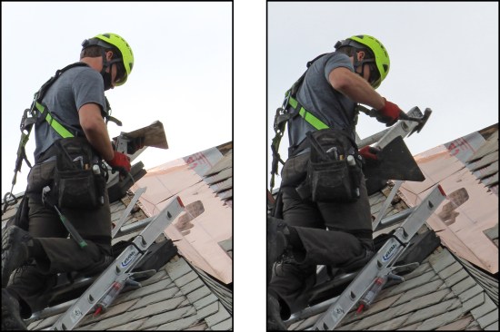 Slater Michael Dillon trims replacement slate along the angled valley line with a hand-held slate cutter (left). He uses a restoration slate hammer (right) …