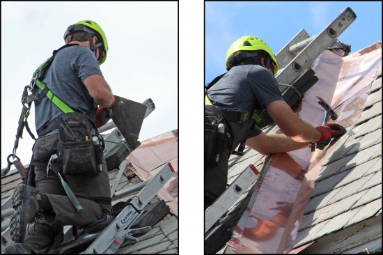 … to punch a nail hole in the trimmed replacement slate (left). The slate is nailed into place with the restoration hammer, overlapping the valley flashing 5 inches, leaving 4 inches of exposed copper (right).