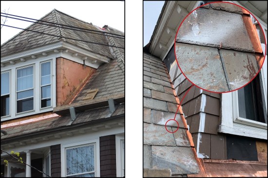 The shingled walls of the hip roof’s dormers are stripped to make way for new step and apron flashing (left). Copper slate hooks (shown in red circle) secure replacement slates along the roof-to-wall perimeter (right).