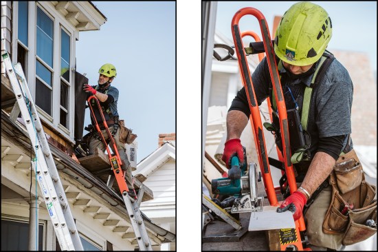 Spencer installs a 15-lb. felt building paper WRB (left) and cuts shingles to piece in the dormer’s sidewalls while harnessed to a self-retracting lifeline (right).