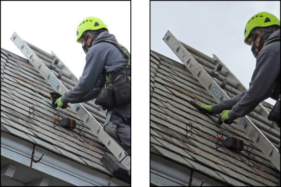 Sanguedolce slides a ripper under a slate to help slide the slate out (left, right).