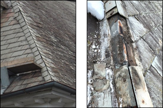 Hips (and ridges) were commonly covered with “mitered” cap slate without step flashing; the “mitered” slate wasn’t cut at 45 degrees, but at 90 degrees. The mitered slates are cut from the front so the sharp edges (where the slates are joined) are on the face. Cap slates tend to spread apart over time (left). A cost-effective solution is to remove the existing hip (and ridge) slate (right) …