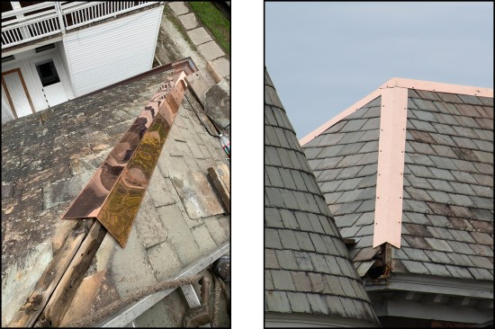 … and install new copper cap flashing (left). Mitered cap slate at ridges also spread apart over time and these were capped with new copper as well (right). New cap flashings were secured with stainless-steel gasketed screws.