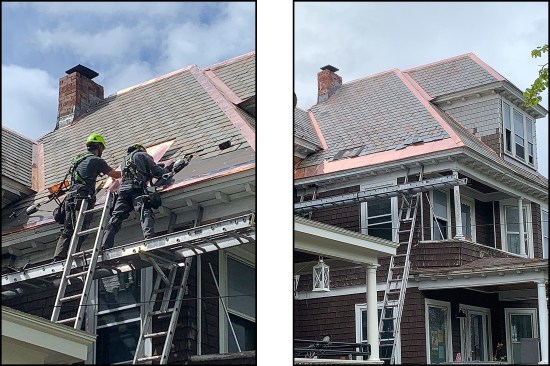 Galvanized-steel snow belt is replaced with copper panels along roof eaves (left, right). Ice barrier membrane is installed on the deck, then a layer of felt paper to thwart the replacement slates from potentially sticking to the membrane.