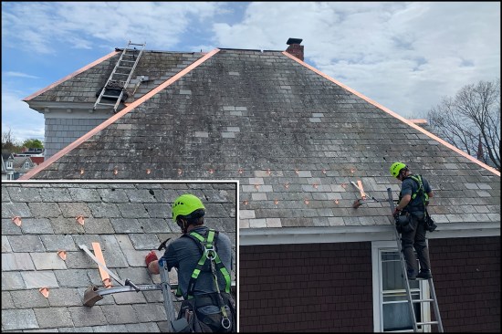 Copper snow guards (inset photo) applied on the north side of the roof will help keep ice from falling into the neighbor’s driveway below. On north-facing roof sections and areas shaded by trees, discoloration from mildew and lichen is common. Roofs can be hand-scrubbed clean with a mildewcide like D/2 Biological Solution.