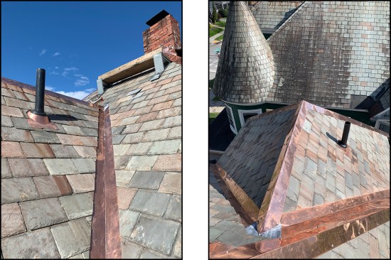 Salvaged semi-weathering green-gray slate blends into the existing slate on a finished open valley (left) and dormer roof (right).