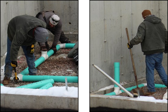 Crew members “tee” off the under-slab drainage piping (top left) and stub-up a 4-inch pipe into the basement (top right).