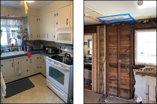 “Before” image of the kitchen in the client’s late-1950s Cape-style home (left). Work stopped when vermiculite was found in the ceiling; the author quickly sealed off the demo hole and around a ceiling light after its discovery (right).