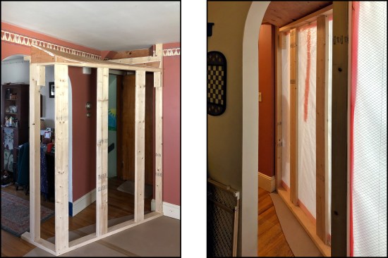 A temporary 2-by wall was framed in the middle of an archway to isolate the kitchen and to allow access to the bathroom, bedrooms, and basement (left). A double layer of 6-mil poly is installed on the framed wall by the abatement contractor (right).