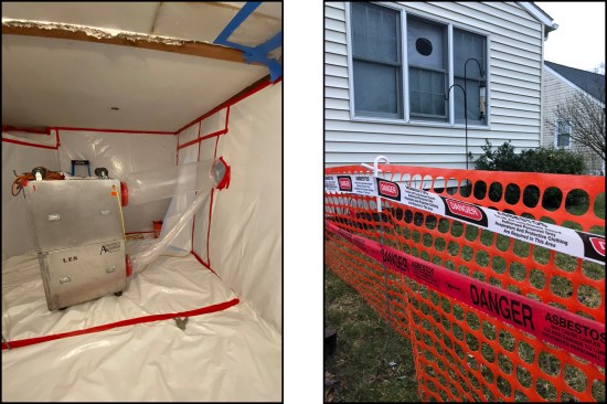 A 1,800-cfm HEPA-filtered air scrubber (left) exhausts to an exterior area that is fenced in with orange temp fencing and posted with warning signage and barrier tapes (right).