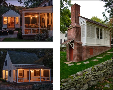 A stone patio and brick walkways connect the project’s main elements: the summer kitchen, a new, screened-in porch added to the back of the main home (top left), and a new porch built on the front of a nearby guest house (bottom left). The site’s sloping grade allowed for a walk-out basement, which houses a wine “cellar” below the kitchen. The wine cellar has an inswing door covered with a Craftsman-style copper roof, providing sheltered access to the wine during snowy Taconic mountain weather (right).