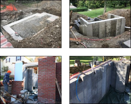 After the footings are set (top left), a hybrid block-and-poured-concrete wall foundation is installed with stepped brick shelves that follow the sloped grade (top right). Here, mason Justin Money of Irish Rock Art lays up brick veneer on the downslope block portion of the foundation over 2-inch XPS rigid insulation sandwiched between the brick and block (bottom left). Beam pockets are made in the wall’s top course to let-in 8x8 oak kitchen floor support beams (bottom right).