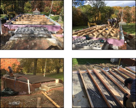 For the floor system, the 8x8 oak beams are first installed the width of the building (top left). Then, 4x4 oak purlins are run the length of the building (top right); the purlins are installed to support the cellar’s plank ceiling. Rough-sawn 1-inch pine planking was installed perpendicular to the purlins, then covered with building paper to hide gaps in the planking (as viewed from below) and to temporarily dry-in the deck (bottom left). Then 2x4 “joists” are installed across the width of the building (bottom right). The joist bays are later filled with 3 inches of polyiso rigid foam and 3/4-inch AdvanTech subflooring is glued and screwed to the joists.