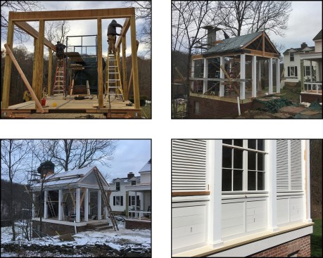 NCD crew members build the structure’s moment frame out of engineered lumber and custom-fabricated steel brackets (top left). The moment frame is trimmed out with Lifespan treated radiata pine, the roof isframed with 2x8s and sheathed with Zip System sheathing (top right). The chimney’s brick veneer is completed and the roof covered with pressure-treated cedar shingles (bottom left). Louvers, windows, and doors are centered between the radiata-pine-clad columns to create a “pilaster look.” At the rim joist-brick veneer juncture, 2x12 Boral water table trim with beveled Boral cap trim is installed (bottom right).